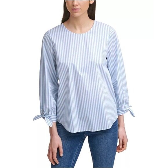 NWT Calvin Klein Striped Tie-Cuff Poplin Top Size M - Picture 3 of 15